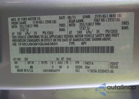 2016 Ford Escape Se z USA, uszkodzony, nr VIN 1FMCU9G91GUA63651